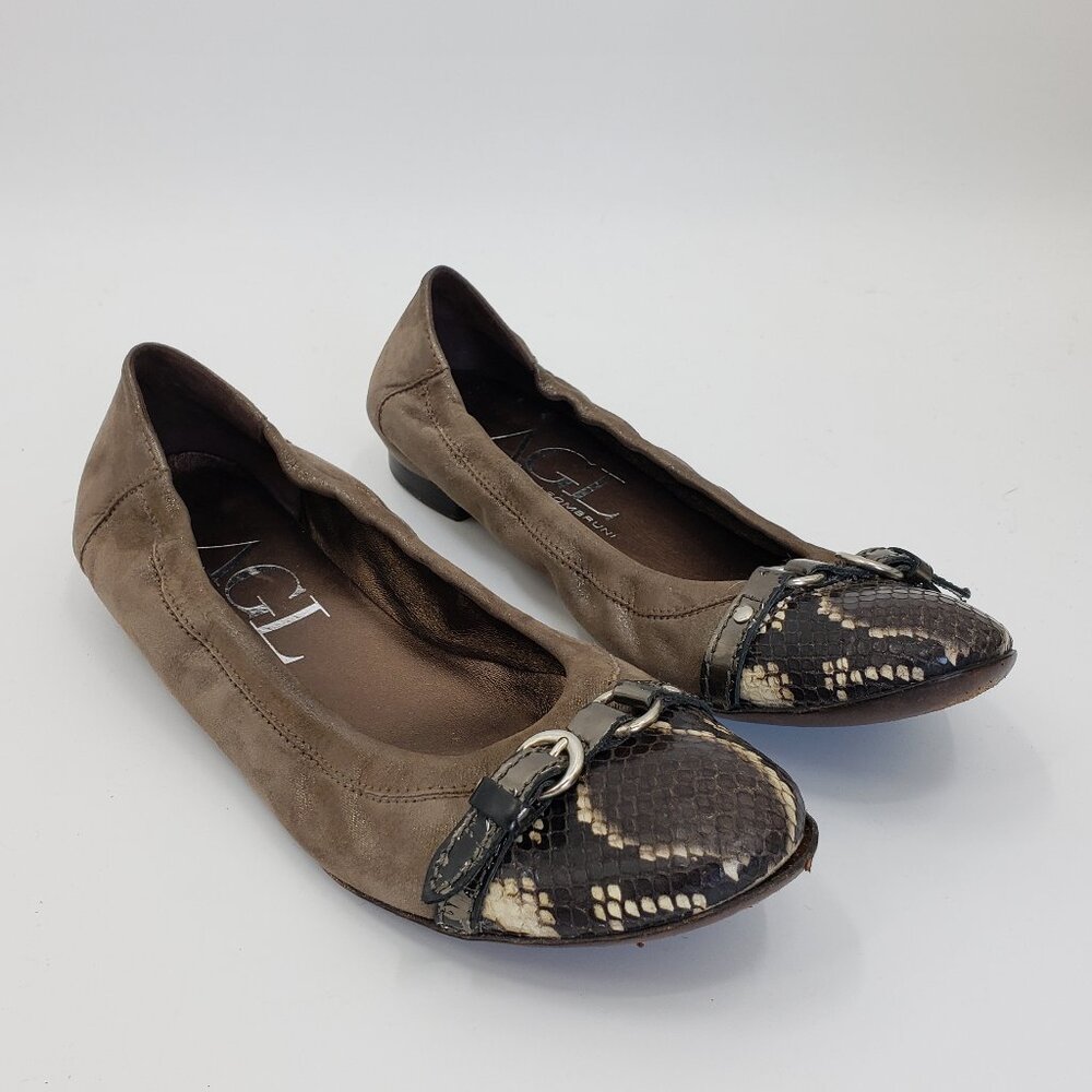 AGL Snakeskin Cap Toe Ballet Flat Shoe Women's 39 Brown Shimmer Buckle Accent
